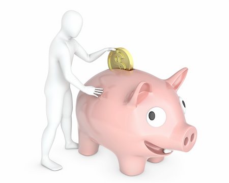 simsearch:400-04881131,k - Abstract white guy puts coin into piggy bank, isolated on white background Stock Photo - Budget Royalty-Free & Subscription, Code: 400-06096484