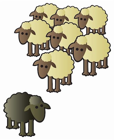 A black sheep being shunned from the rest of the flock for being different. Stock Photo - Budget Royalty-Free & Subscription, Code: 400-06096689