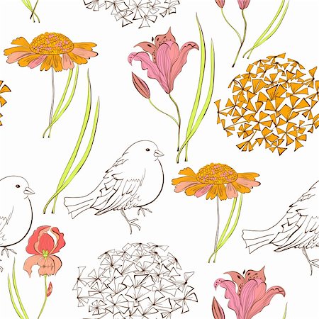 simsearch:400-04666588,k - Seamless wallpaper with bird and flowers Stock Photo - Budget Royalty-Free & Subscription, Code: 400-06097189