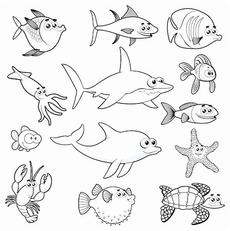 seastar colouring pictures - Family of funny fish. Vector isolated black and white characters. Stock Photo - Budget Royalty-Free & Subscription, Code: 400-06097238