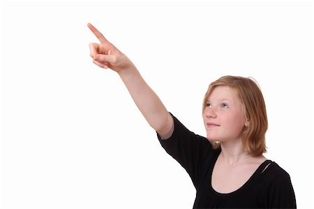 simsearch:400-05712134,k - Girl points with her finger up on white background Photographie de stock - Aubaine LD & Abonnement, Code: 400-06097278