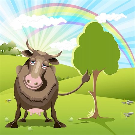 euter - illustration, the sad cow on green landscape  EPS 10 with transparency Stockbilder - Microstock & Abonnement, Bildnummer: 400-06098252