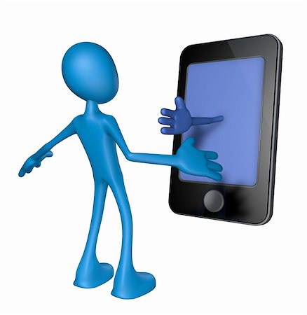 smartphone with hand on display and surprised blue guy - 3d illustration Stock Photo - Budget Royalty-Free & Subscription, Code: 400-06098599