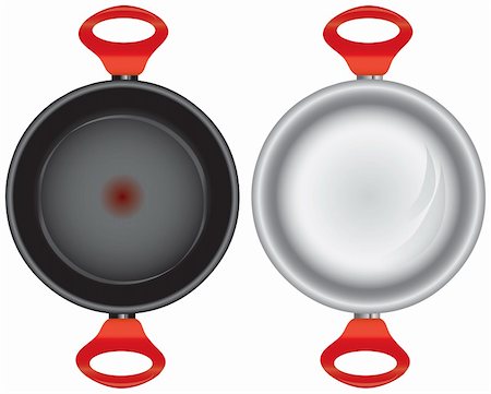 Steel and Teflon pans with double silicone red handles. Vector illustration. Photographie de stock - Aubaine LD & Abonnement, Code: 400-06098952