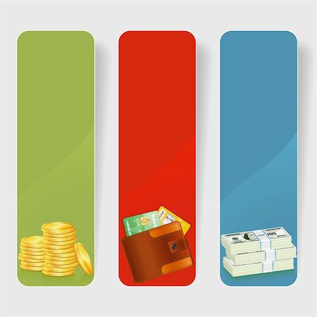 simsearch:400-04436054,k - Three Business Frame with Stack of Dollar, Gold Coins and Leather Wallet with Credit Cards, vector Fotografie stock - Microstock e Abbonamento, Codice: 400-06099508