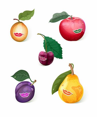 Set of 5 smiling fruits: apple, pear, prune, apricot, cherry. Stock Photo - Budget Royalty-Free & Subscription, Code: 400-06099740