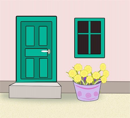 A green painted door and a window with green window frames and a large flower pot with yellow flowers. Foto de stock - Super Valor sin royalties y Suscripción, Código: 400-06090140