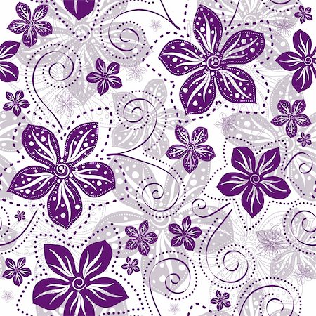 simsearch:400-05890035,k - Seamless floral white pattern with violet vintage flowers curls (vector) Foto de stock - Super Valor sin royalties y Suscripción, Código: 400-06090385