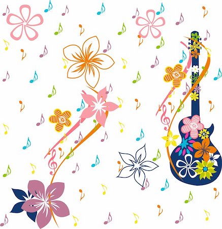 Musical cards, guitarand flowery card, music notes on guitar, flowers on a white background Stock Photo - Budget Royalty-Free & Subscription, Code: 400-06091106