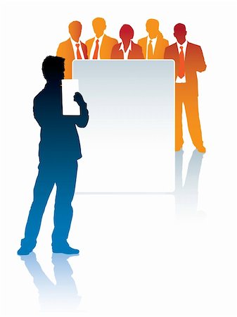simsearch:400-04082063,k - Man standing in front of a poster, and a group of businesspeople is behind the poster Stock Photo - Budget Royalty-Free & Subscription, Code: 400-06091558