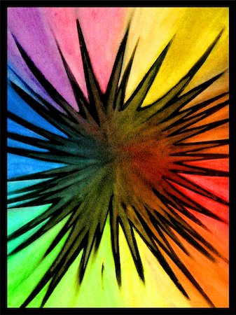 pastel à l'huile - Illustration in rainbow colours with a black splat in the centre..  Original artwork in oil pastel by Michelle Lee Willsmore. Photographie de stock - Aubaine LD & Abonnement, Code: 400-06091614