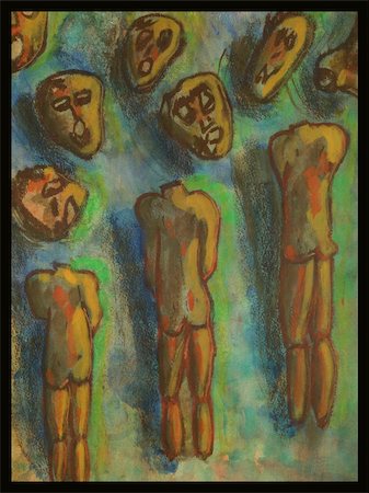 pastel à l'huile - Conceptual illustration of three bodies and seven masks.  Original - Oil pastel and watercolour by Michelle Lee Willsmore Photographie de stock - Aubaine LD & Abonnement, Code: 400-06091616
