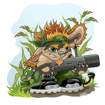Picture of funny creature with bazooka and animals protecting nature. Stock Photo - Budget Royalty-Free & Subscription, Code: 400-06091647