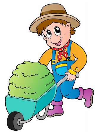simsearch:400-06091808,k - Cartoon farmer with small hay cart - vector illustration. Stockbilder - Microstock & Abonnement, Bildnummer: 400-06091804