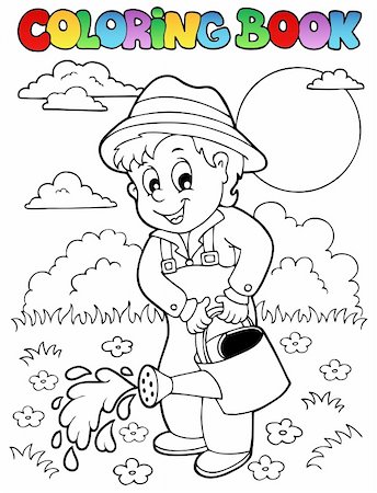 Coloring book garden and gardener - vector illustration. Stock Photo - Budget Royalty-Free & Subscription, Code: 400-06091817