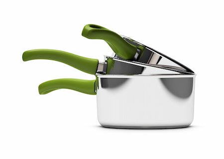 three empty pan over white background with green handle Photographie de stock - Aubaine LD & Abonnement, Code: 400-06092208