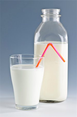 Glass and bottle of nutritious white milk with straw Stock Photo - Budget Royalty-Free & Subscription, Code: 400-06092340