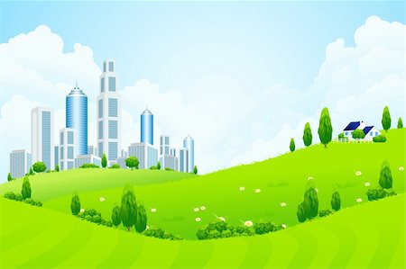 simsearch:400-09110468,k - Green Landscape with City House Trees and Clouds Stockbilder - Microstock & Abonnement, Bildnummer: 400-06092904