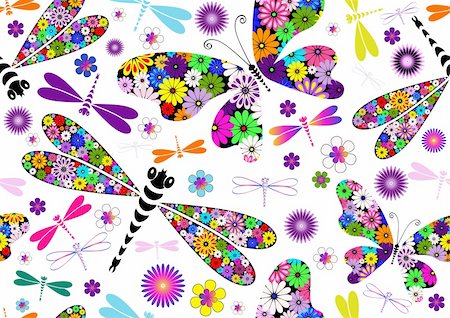 Seamless white floral pattern with colorful dragonflies and butterflies (vector) Stock Photo - Budget Royalty-Free & Subscription, Code: 400-06093018