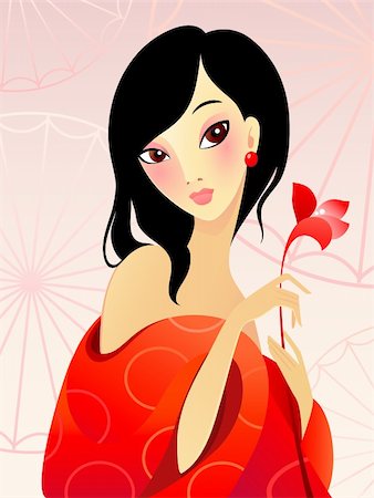 earring drawing - Vector illustration  of a girl in red with flower Photographie de stock - Aubaine LD & Abonnement, Code: 400-06093582