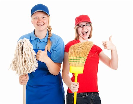 simsearch:400-06917337,k - Enthusiastic teenage workers with their first jobs, giving thumbs up.  Isolated on white Photographie de stock - Aubaine LD & Abonnement, Code: 400-06093629