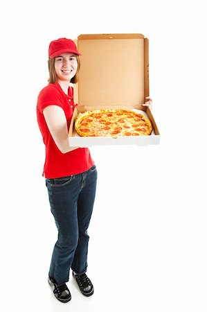 Teenage girl or young adult has a job delivering pizza.  Full body isolated on white. Stock Photo - Budget Royalty-Free & Subscription, Code: 400-06093636