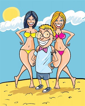 Cartoon nerd with two girls in bikinis standing on the beach Stock Photo - Budget Royalty-Free & Subscription, Code: 400-06093837