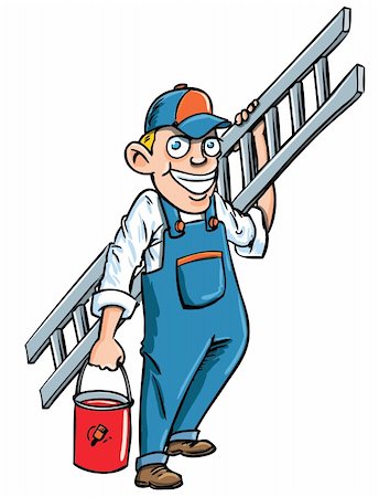 painter overalls - Cartoon painter with a ladder and paint bucket. Isolated on white Stock Photo - Budget Royalty-Free & Subscription, Code: 400-06093832