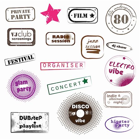 hipster party retro music pop stamps collection isolated on white Stock Photo - Budget Royalty-Free & Subscription, Code: 400-06104438