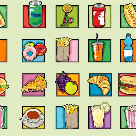 Classic clip art icons pattern with cheeseburger, pizza, beer, soda, coffee, lollipop, juice, croissant, french, fries, fruits, pop art retro graphics Stock Photo - Budget Royalty-Free & Subscription, Code: 400-06104440