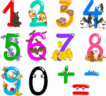 simbolo dell'addizione - cartoon illustration of numbers from zero to nine with animals Fotografie stock - Microstock e Abbonamento, Codice: 400-06104514