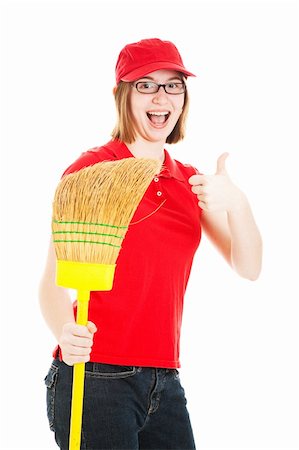 simsearch:400-06333295,k - Teenage girl holding a broom, excited about her first job.  Isolated on white. Photographie de stock - Aubaine LD & Abonnement, Code: 400-06104525