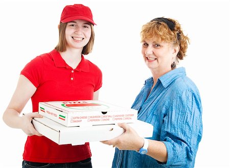 simsearch:400-06685903,k - Customer getting pizza delivered by a teenager.  Isolated on white. Fotografie stock - Microstock e Abbonamento, Codice: 400-06104526