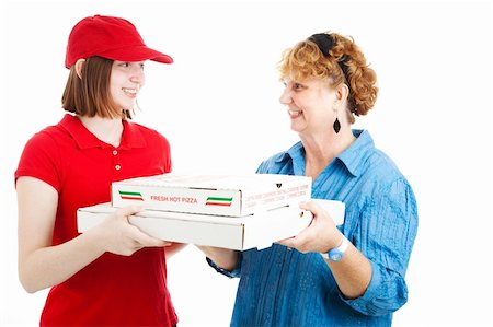 simsearch:400-06917337,k - Teen girl making pizza delivery to a customer.  Isolated on white. Photographie de stock - Aubaine LD & Abonnement, Code: 400-06104529