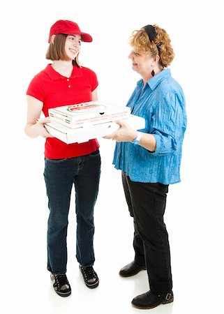 simsearch:400-06333295,k - Adolescente, livraison de pizza à un client.  Tout le corps isolé sur fond blanc.  Boîte à pizza est générique, ne pas de marque. Photographie de stock - Aubaine LD & Abonnement, Code: 400-06104543