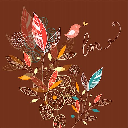 simsearch:400-06100097,k - love bird and branches with leaves on dark burgundy background Stock Photo - Budget Royalty-Free & Subscription, Code: 400-06106395