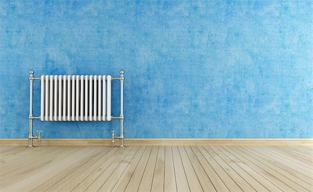 floor heat - blue empty interior with vintage hot water  radiator -rendering Stock Photo - Budget Royalty-Free & Subscription, Code: 400-06107724