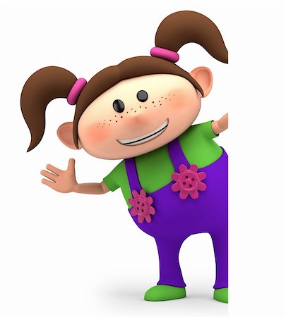 cute little cartoon girl waving from behind blank sign - high quality 3d illustration Stock Photo - Budget Royalty-Free & Subscription, Code: 400-06108217