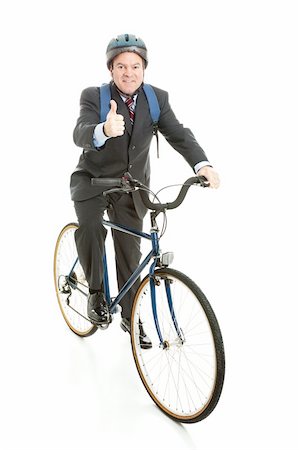 Businessman bicycling to work and giving a thumbs up for energy efficiency.  Full Body isolated on white. Stock Photo - Budget Royalty-Free & Subscription, Code: 400-06108294