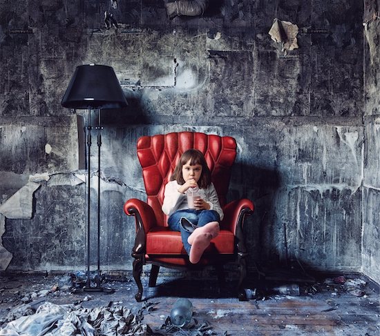little girl sitting in  grunge interior (Photo and hand-drawing elements combined) Stock Photo - Royalty-Free, Artist: vicnt, Image code: 400-06109137
