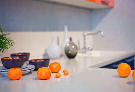 dressers table - kitchen interior with fruits and dishes  on  countertop (beautiful Depth Of Field effect) Stock Photo - Budget Royalty-Free & Subscription, Code: 400-06109130