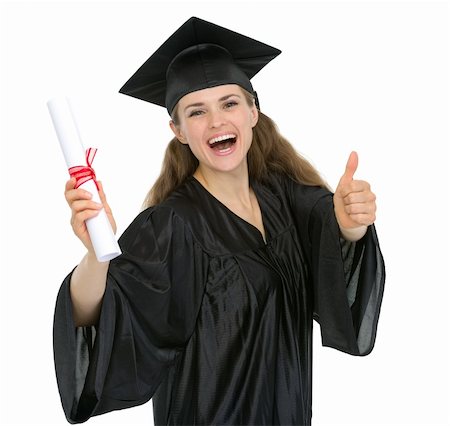 Smiling graduation woman with diploma showing thumbs up Stock Photo - Budget Royalty-Free & Subscription, Code: 400-06100576