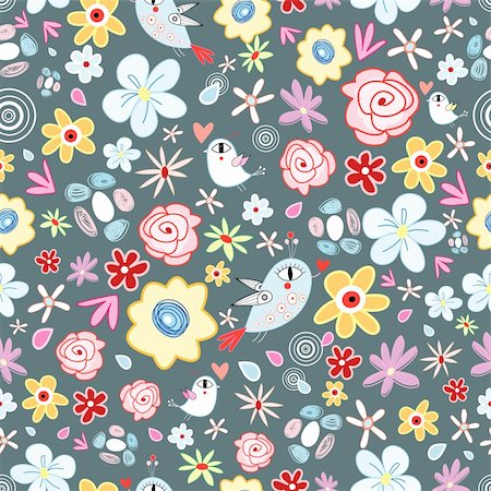 simsearch:400-06100097,k - Seamless bright floral pattern with birds on a dark background Stock Photo - Budget Royalty-Free & Subscription, Code: 400-06100678
