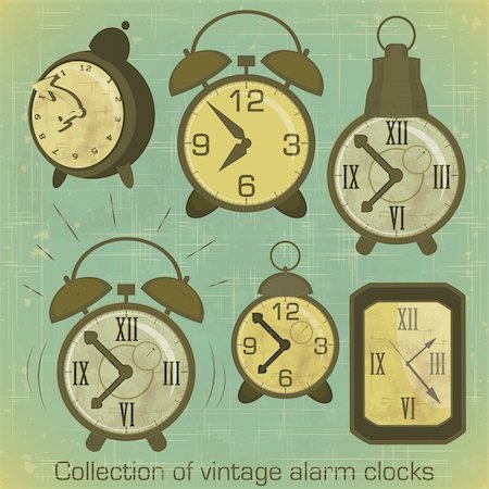 Collection of Vintage Alarm Clocks with Grunge Effect - vector illustration Stock Photo - Budget Royalty-Free & Subscription, Code: 400-06100818