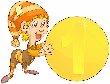 Small gnome holding a gold coin. Sweetheart vector illustration. Stock Photo - Budget Royalty-Free & Subscription, Code: 400-06100886