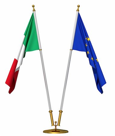 flagstaff - Flags of Italy and European union on golden pedestal isolated on white Stockbilder - Microstock & Abonnement, Bildnummer: 400-06101308