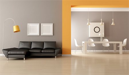 simsearch:400-04196177,k - contemporary living room with dining space - rendering Foto de stock - Super Valor sin royalties y Suscripción, Código: 400-06101309