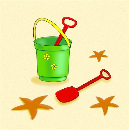 A green bucket of red spades     standing on a beach with     starfishes. Foto de stock - Super Valor sin royalties y Suscripción, Código: 400-06101992