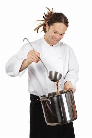 Photo of a young chef with dreadlocks holding a large cooking pot and mixing soup with a ladle. Stock Photo - Budget Royalty-Free & Subscription, Code: 400-06102253