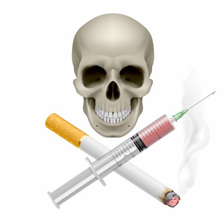 simsearch:400-08796662,k - Realistic skull with a cigarette and syringe. Illustration on white background Stock Photo - Budget Royalty-Free & Subscription, Code: 400-06102498